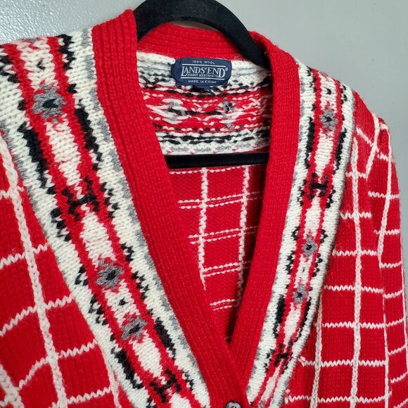 Vintage Lands' End Cardigan Sweater Womens Size Large Red Grid Floral Wool Knit - Picture 5 of 10